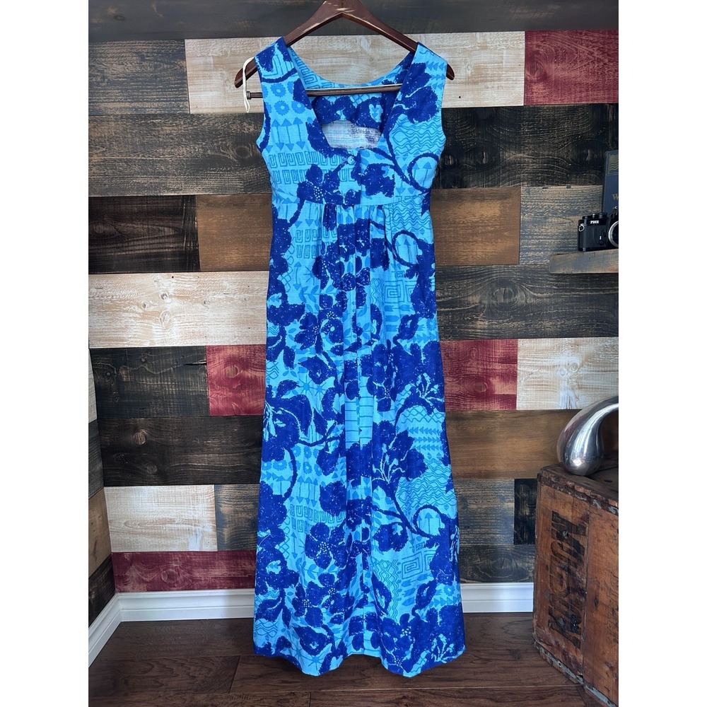 Vtg Holo Holo Hawaiian Barkcloth Floral Aloha Sleeveless Maxi Dress Blue M Hilo